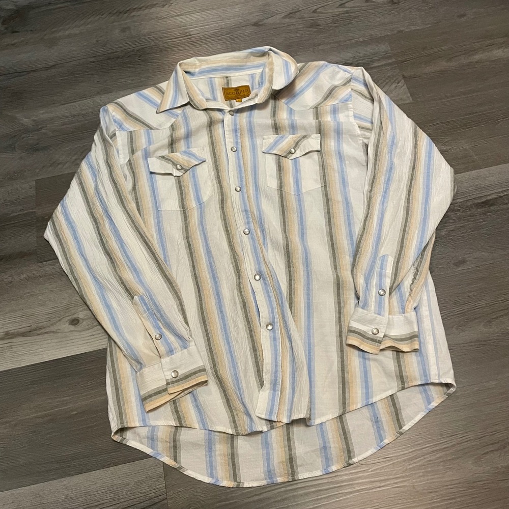 Scorpio USA Mens Western Pearl Snap Shirt Large Striped Blue Tan Long Sleeve
